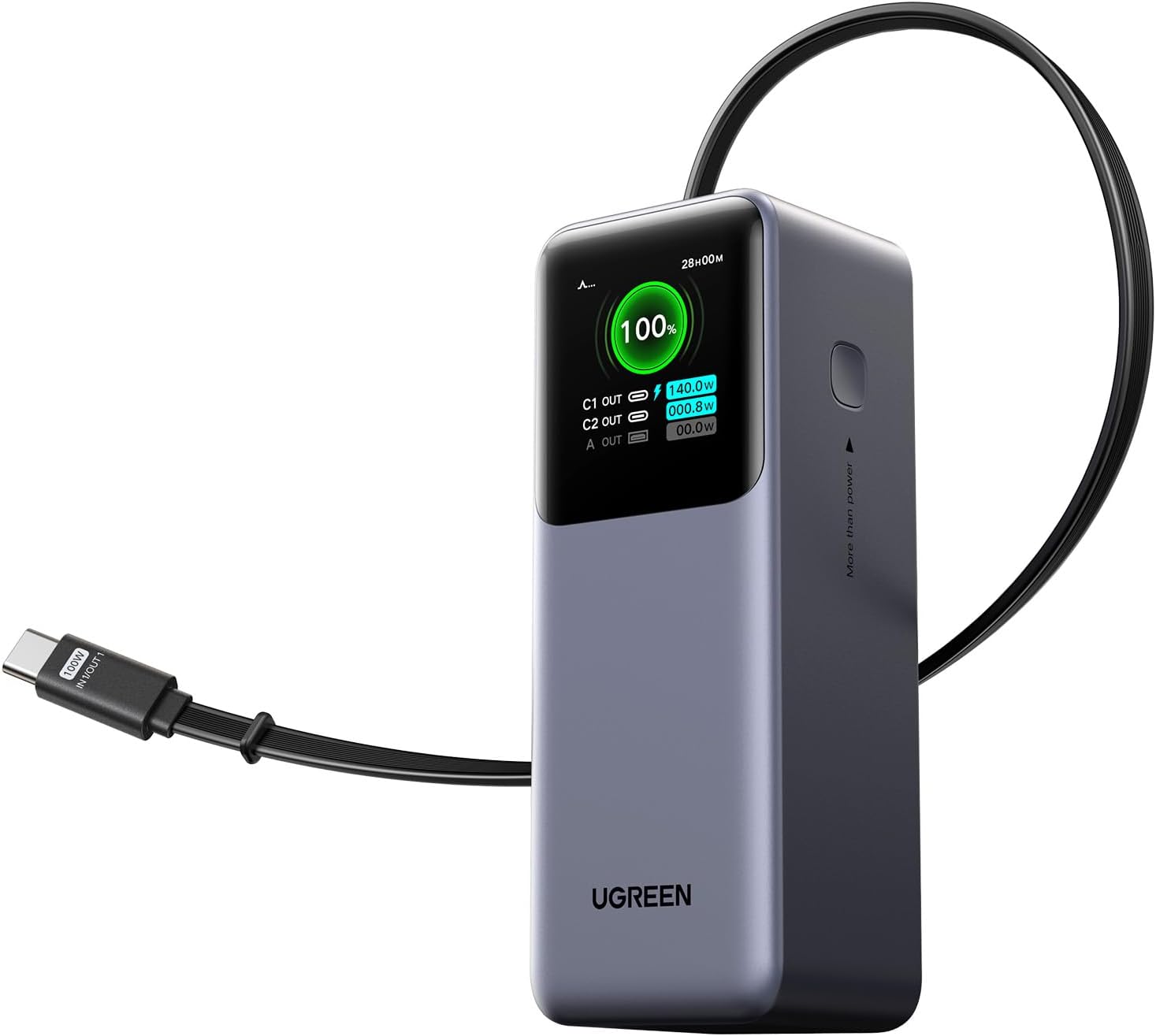 UGREEN Nexode 巻取式モバイルバッテリー（20000mAh・165W）の形状と外観が分かる商品写真