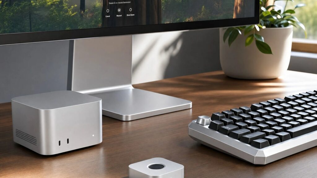 immurok IK-1 をMac miniとキーボードのデスクに置いた公式イメージ